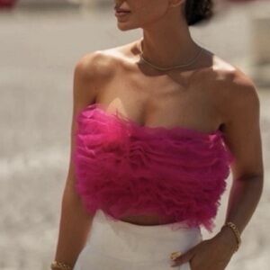 ZARA Dark Fuschia Pink Layered Ruffle Tulle Strapless Crop Tube Top
